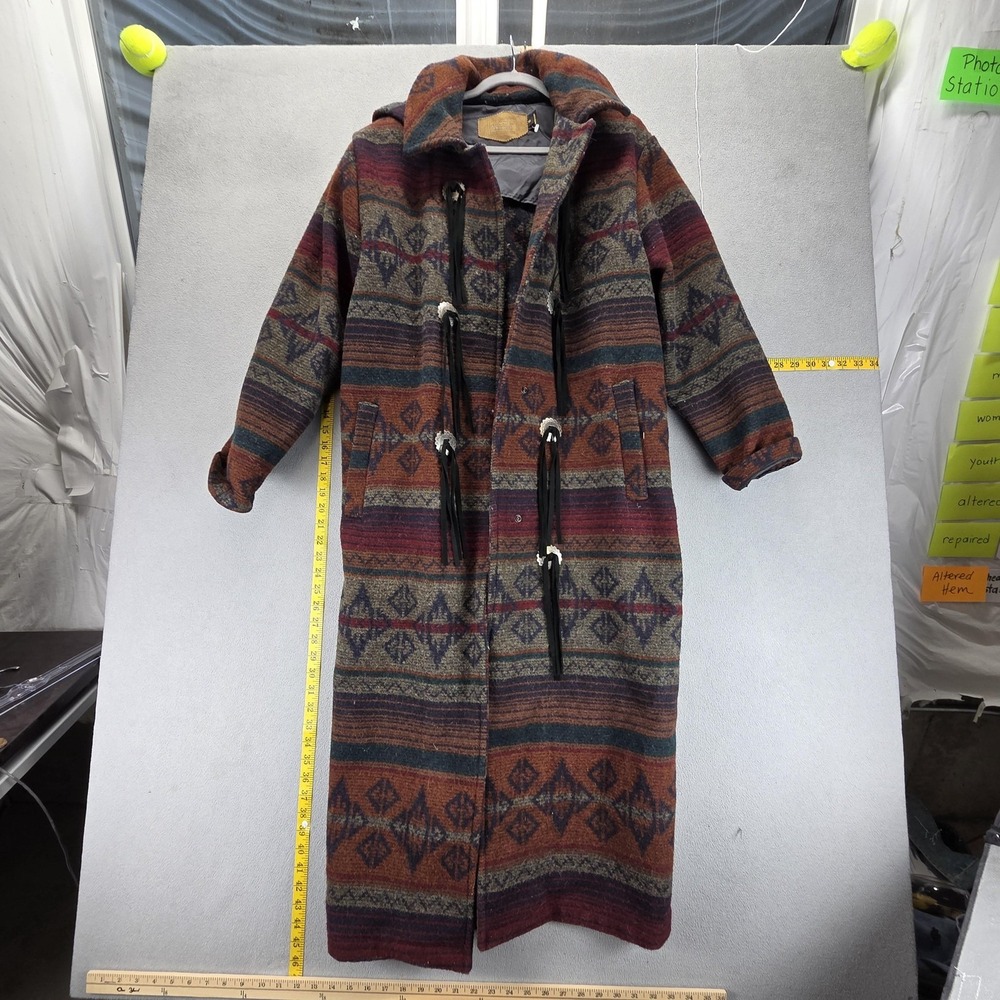 VTG Woolrich Coat Womens M Duster Coat Multicolor Wool Hooded Southwestern Long